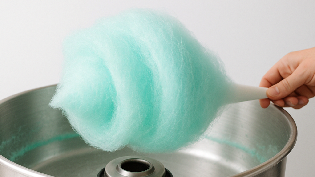 Light Torquise cotton candy being spun in a metal finished machine. Light background